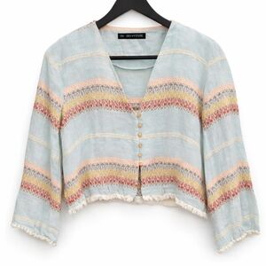 Zara Cropped Boho Blouse Blue Stripe Button Front Fringe Hem Top Sz Med